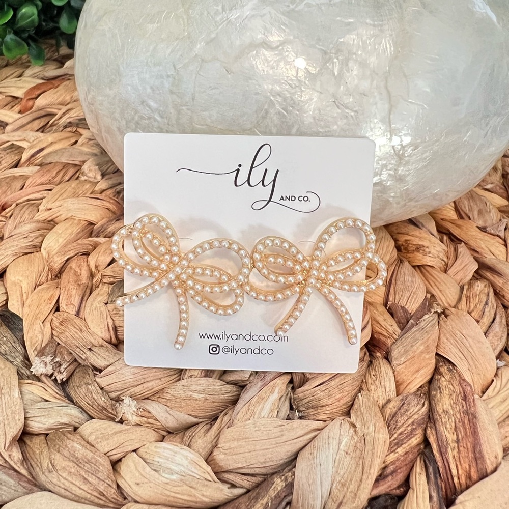 New Pave Pearl Bow Stud Earrings Gold | Boutique | Lightweight | Coquette Girl